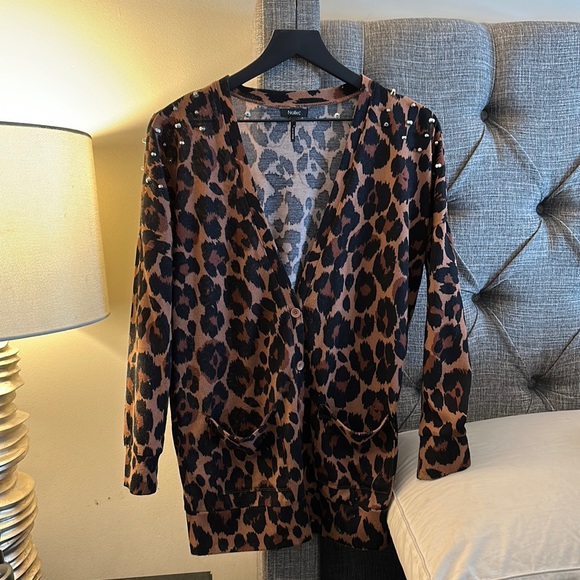 Leopard print Nollie cardigan sweater studded shoulders - Picture 1 of 2